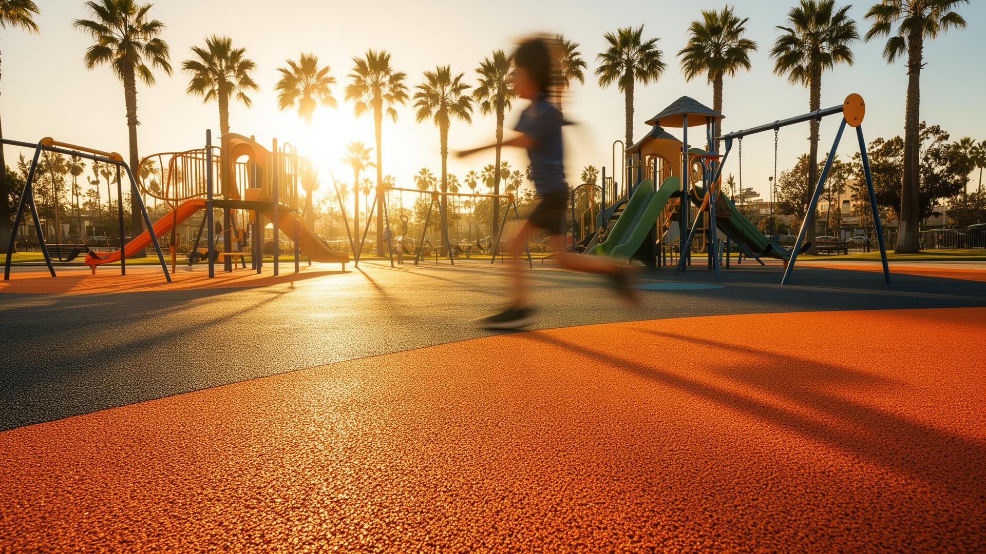Surfacing contractor San Diego — Turbo Surfacing Solutions Poured-in-place rubber playground at golden hour in San Diego County — Turbo Surfacing Solutions installation