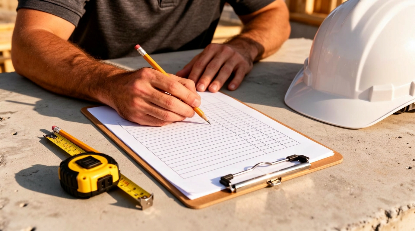 Free site assessment San Diego — Turbo Surfacing Solutions Turbo Surfacing Solutions estimator measuring a San Diego site for a free surfacing assessment with tablet and laser measure